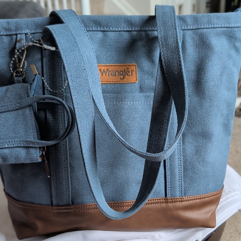 Wrangler Slate Blue Canvas Tote with Brown Trim